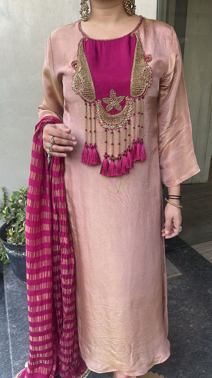 Zari onion pink Tassel A-Line Designer Suit