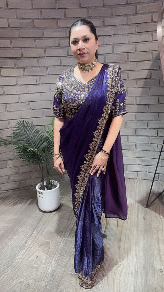 Pakeeza purple Hand work Designer Saree