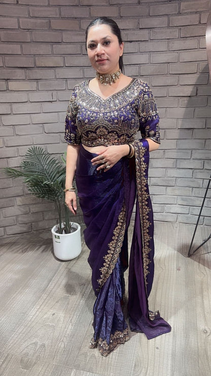 Pakeeza purple Hand work Designer Saree