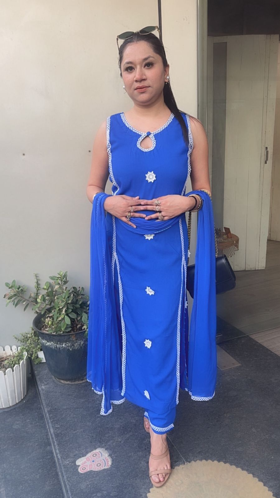 Siyahi Electric Blue Cotton Designer Suit(Sleeve Fabric Attached)