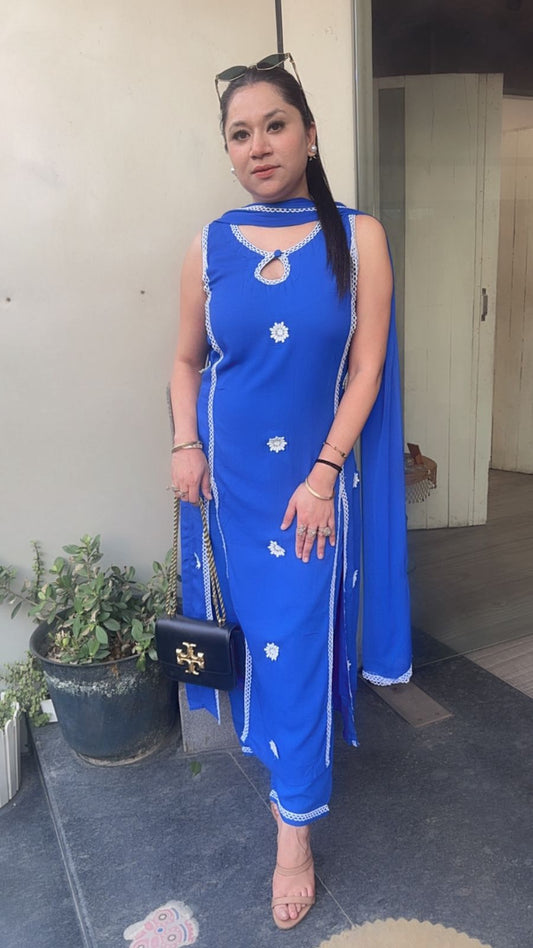 Siyahi Electric Blue Cotton Designer Suit(Sleeve Fabric Attached)
