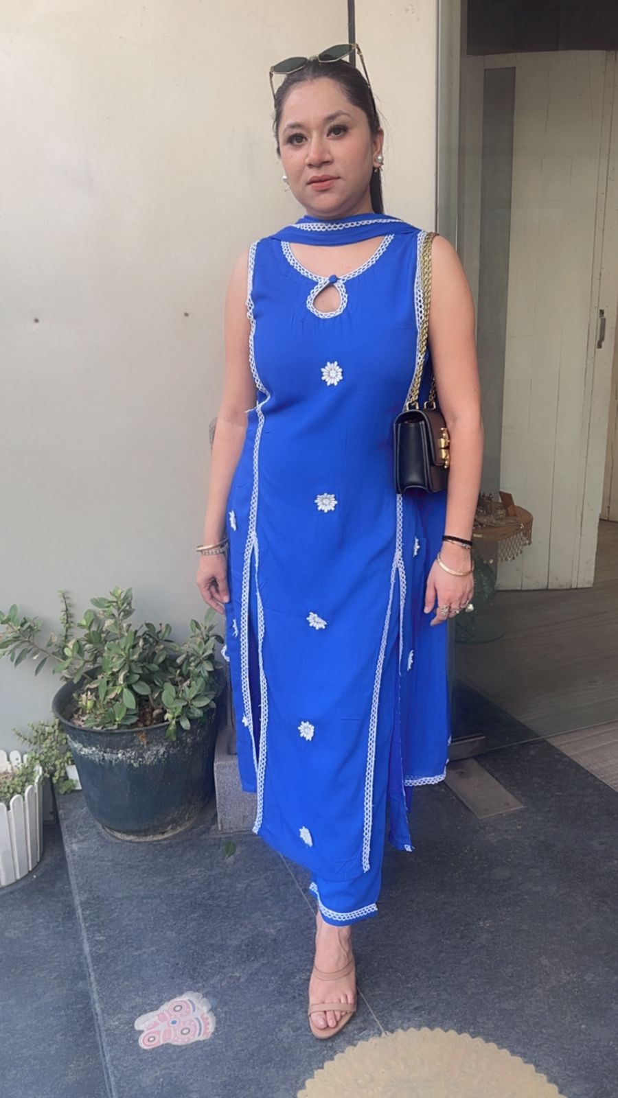 Siyahi Electric Blue Cotton Designer Suit(Sleeve Fabric Attached)