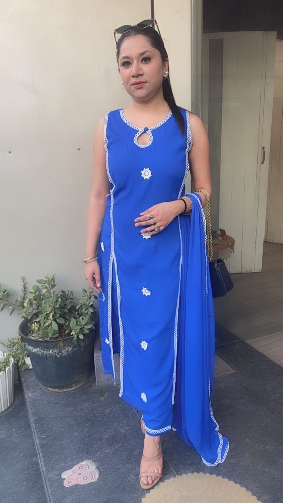 Siyahi Electric Blue Cotton Designer Suit(Sleeve Fabric Attached)