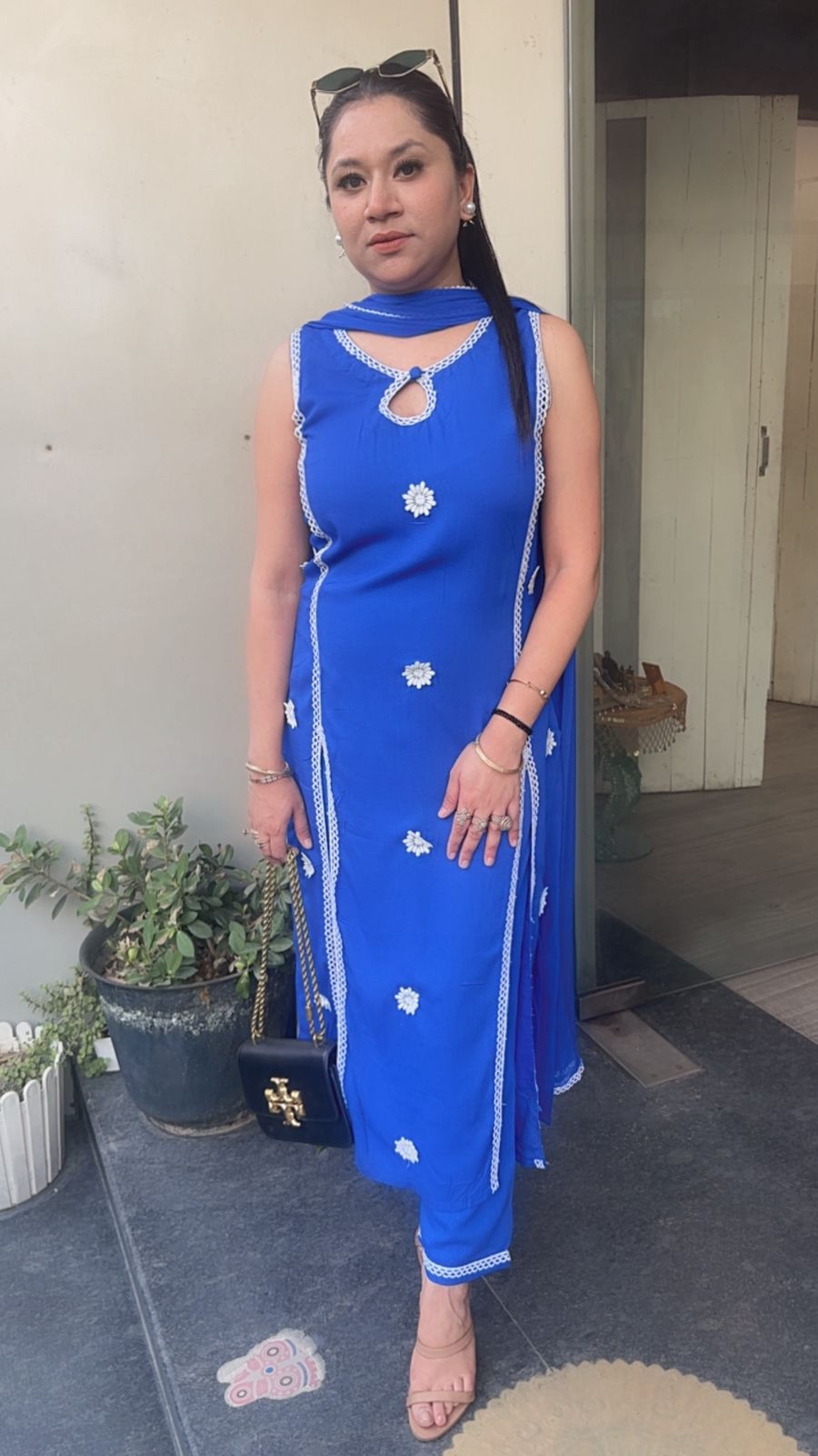 Siyahi Electric Blue Cotton Designer Suit(Sleeve Fabric Attached)