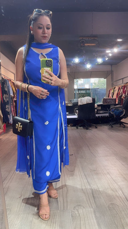 Siyahi Electric Blue Cotton Designer Suit(Sleeve Fabric Attached)