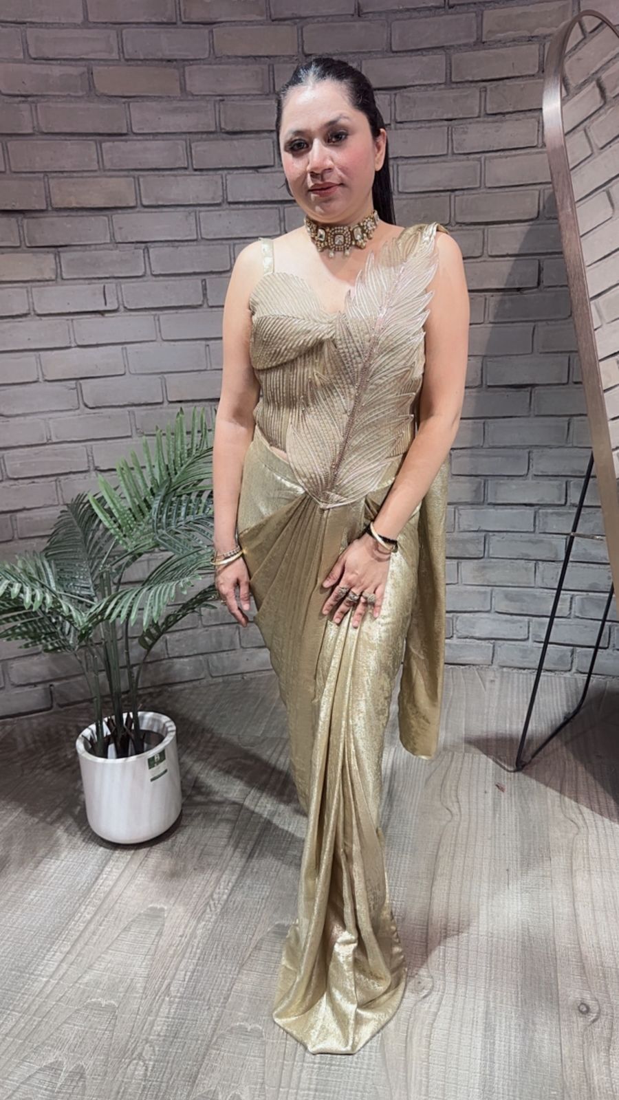 Cosmo Golden Designer Drape Saree