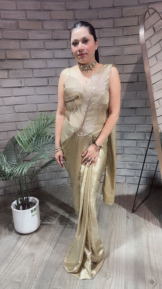 Cosmo Golden Designer Drape Saree