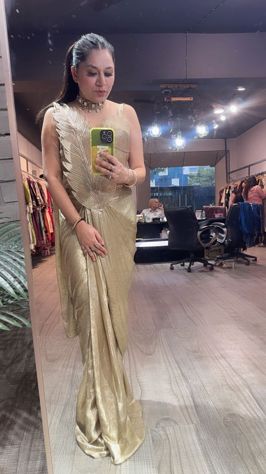 Cosmo Golden Designer Drape Saree