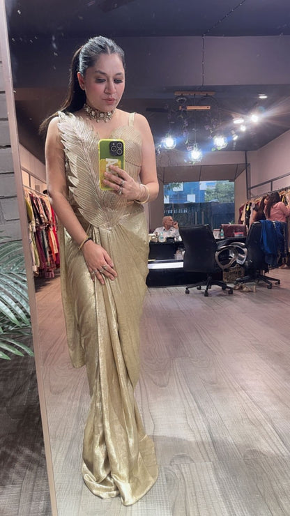 Cosmo Golden Designer Drape Saree