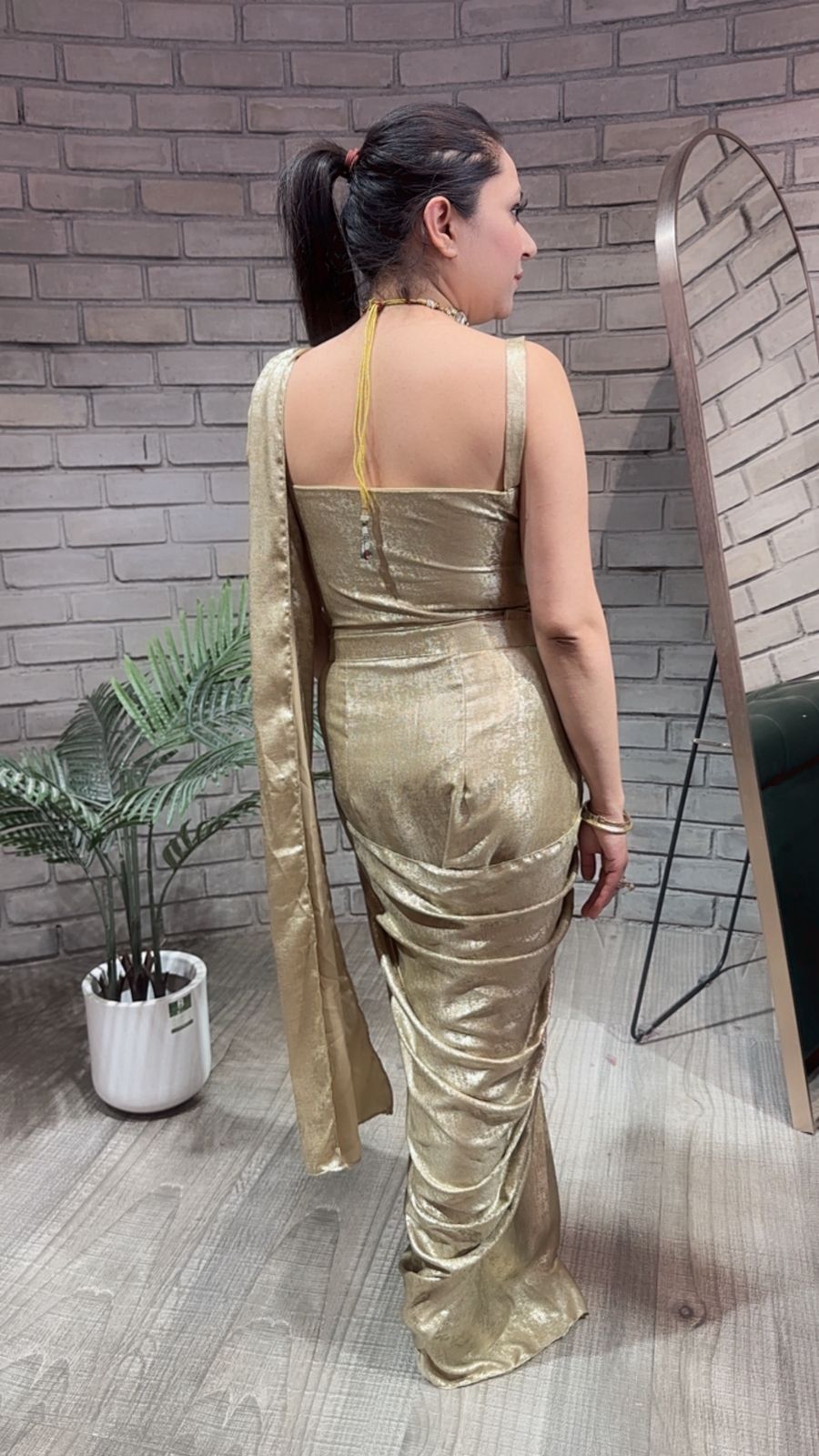 Cosmo Golden Designer Drape Saree