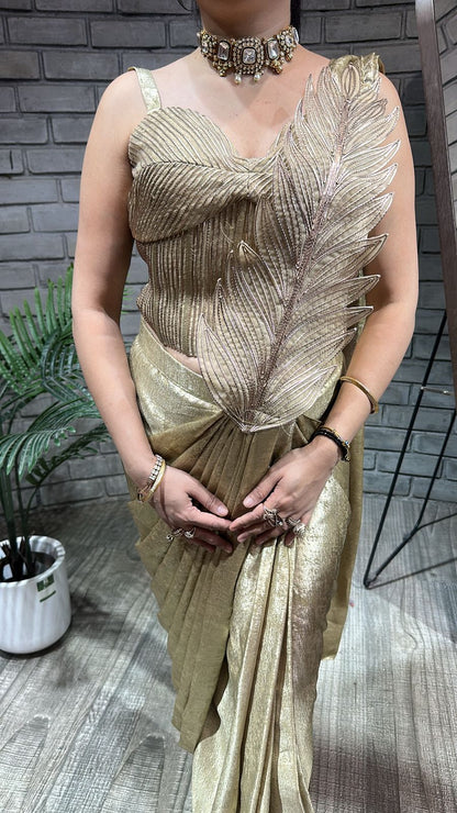 Cosmo Golden Designer Drape Saree