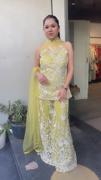 Dilruba lime yellow  Heavy Thread work Designer Suit