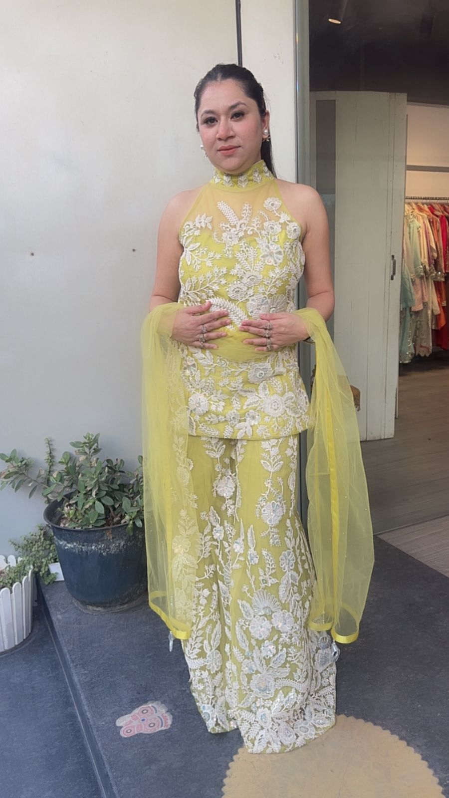 Dilruba lime yellow  Heavy Thread work Designer Suit