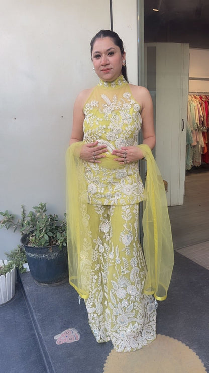 Dilruba lime yellow  Heavy Thread work Designer Suit