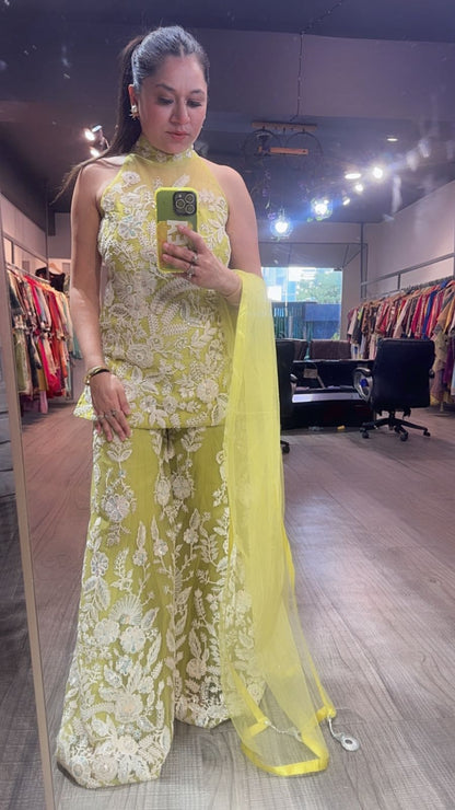 Dilruba lime yellow  Heavy Thread work Designer Suit