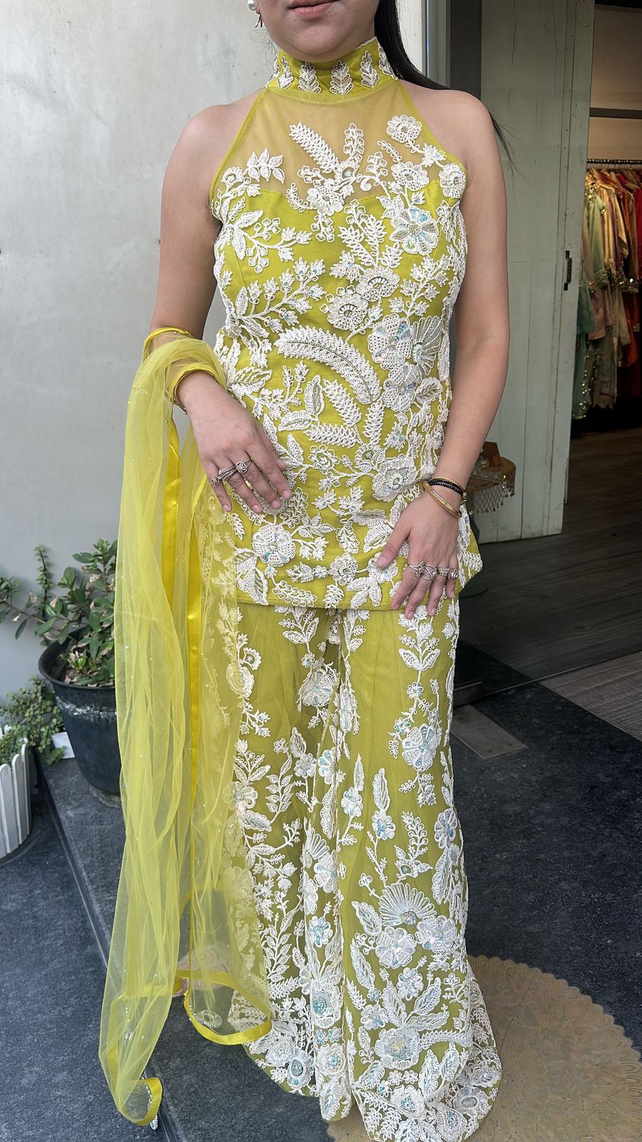 Dilruba lime yellow  Heavy Thread work Designer Suit