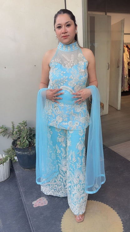 Dilruba Aqua Blue  Heavy Thread work Designer Suit