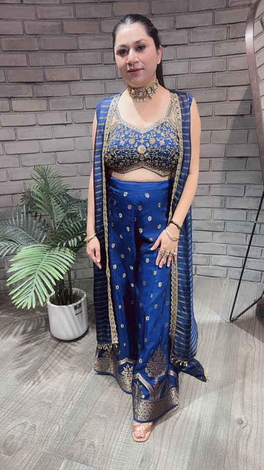 Imprint Navy blue Heavy Blouse with Cape and Banarasi Plazoo set
