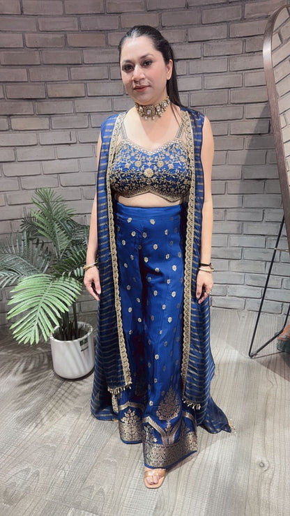 Imprint Navy blue Heavy Blouse with Cape and Banarasi Plazoo set