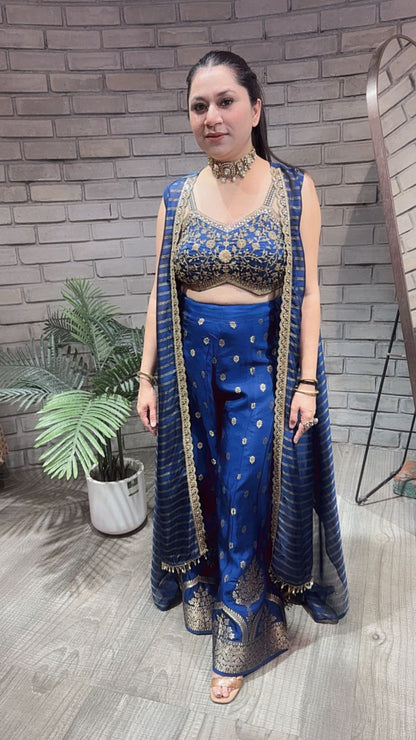 Imprint Navy blue Heavy Blouse with Cape and Banarasi Plazoo set