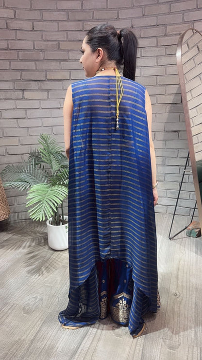 Imprint Navy blue Heavy Blouse with Cape and Banarasi Plazoo set