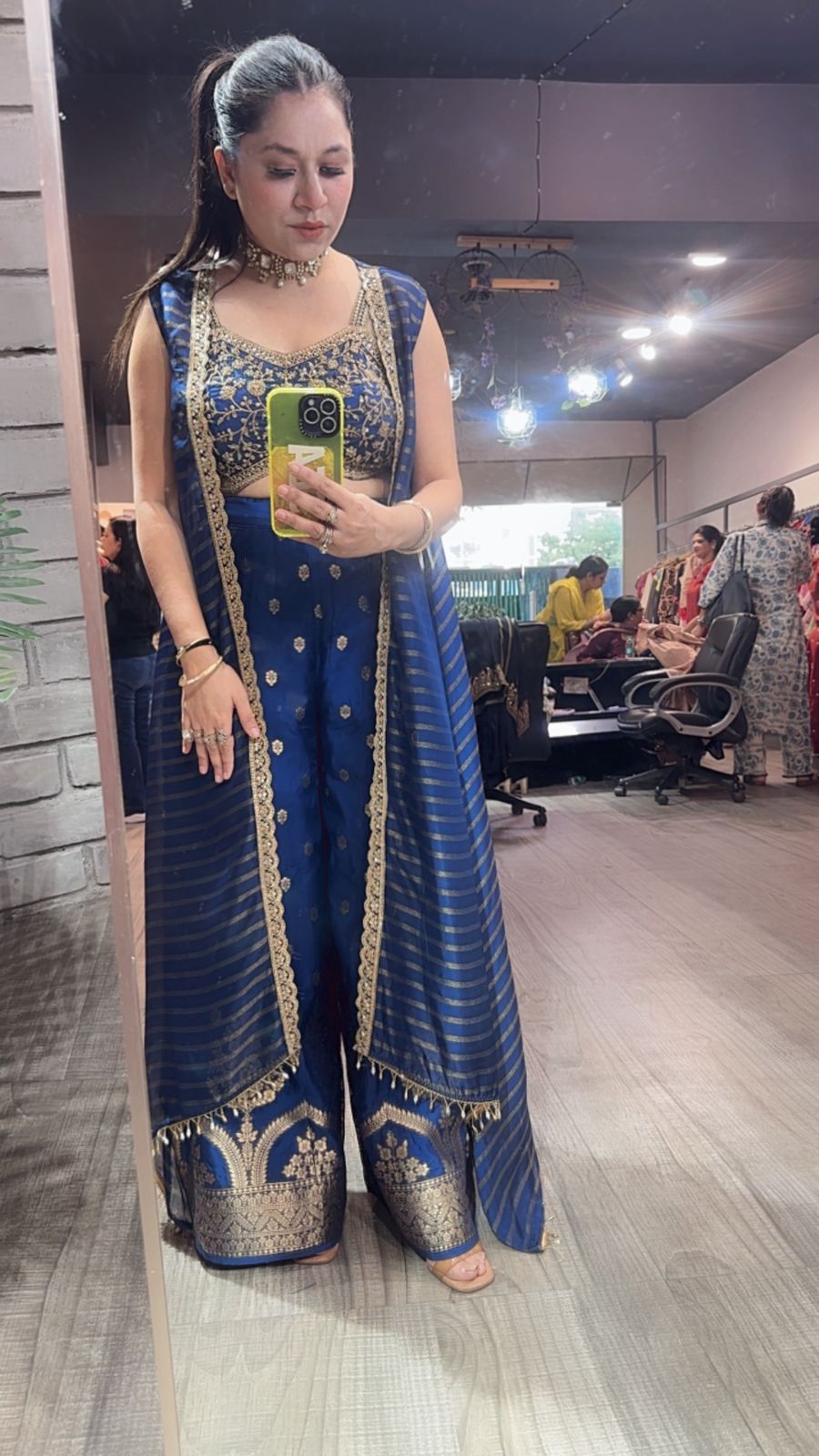 Imprint Navy blue Heavy Blouse with Cape and Banarasi Plazoo set