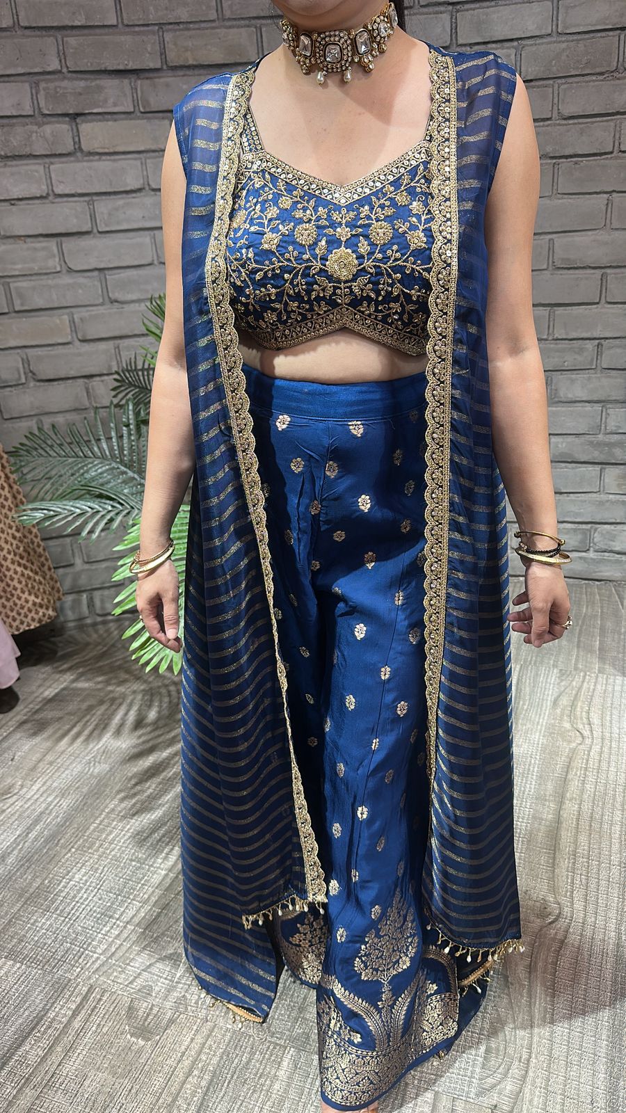 Imprint Navy blue Heavy Blouse with Cape and Banarasi Plazoo set