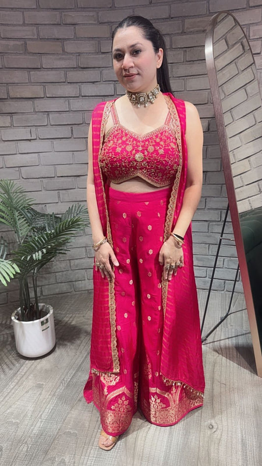 Imprint Hot pink Heavy Blouse with Cape and Banarasi Plazoo set