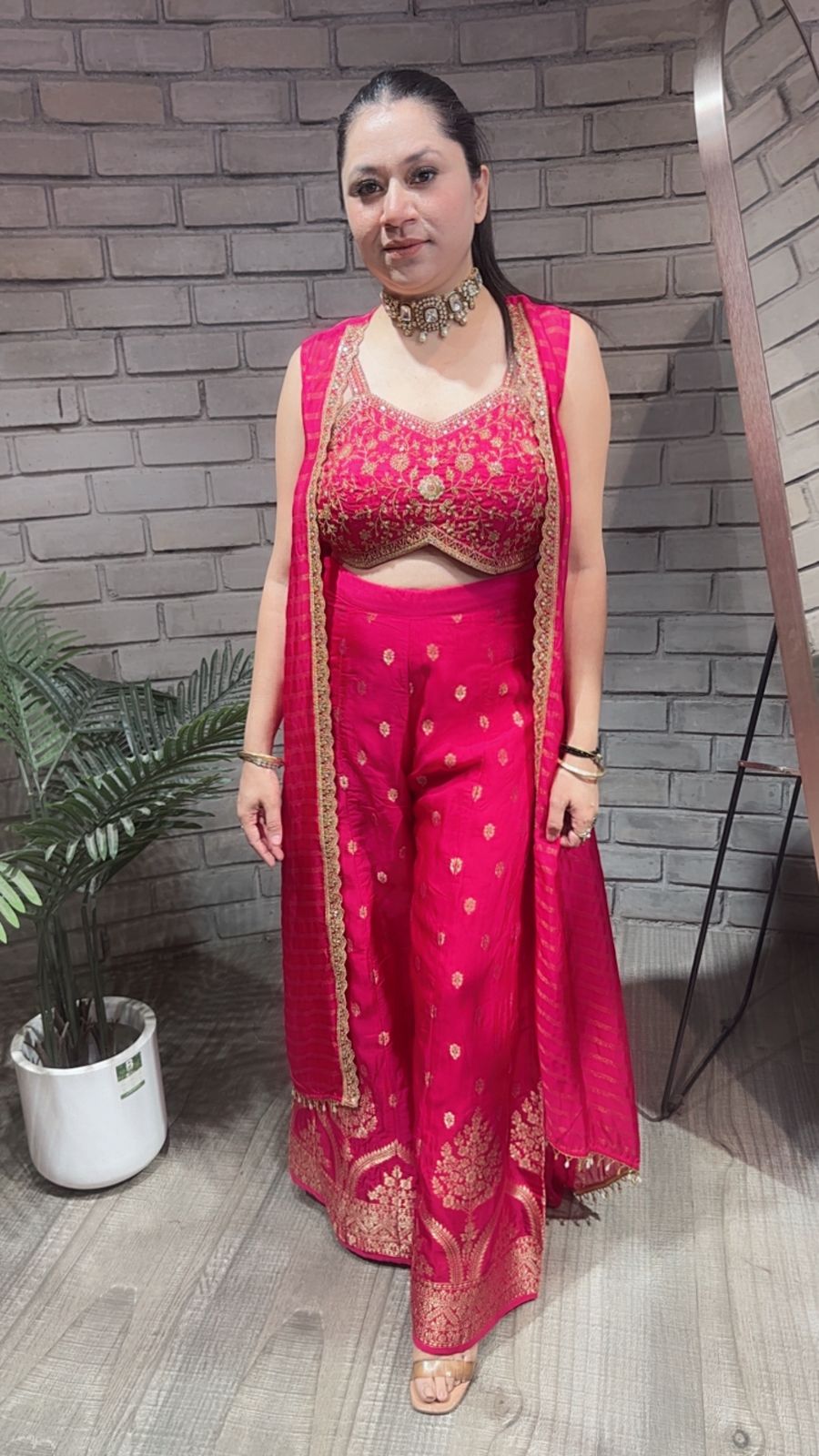 Imprint Hot pink Heavy Blouse with Cape and Banarasi Plazoo set