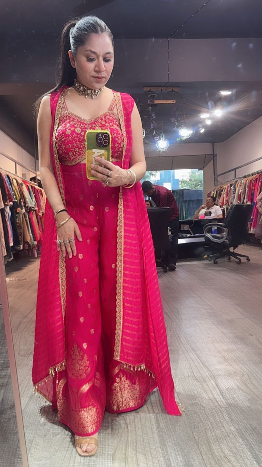 Imprint Hot pink Heavy Blouse with Cape and Banarasi Plazoo set