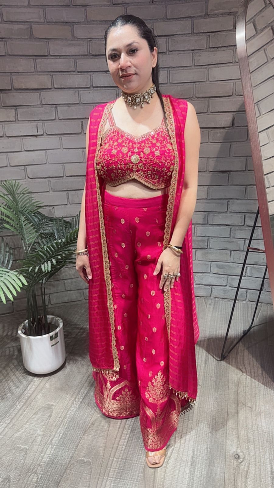 Imprint Hot pink Heavy Blouse with Cape and Banarasi Plazoo set