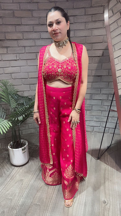 Imprint Hot pink Heavy Blouse with Cape and Banarasi Plazoo set