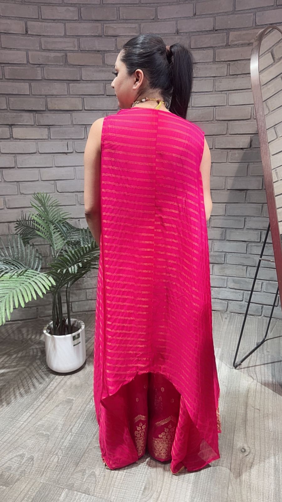 Imprint Hot pink Heavy Blouse with Cape and Banarasi Plazoo set
