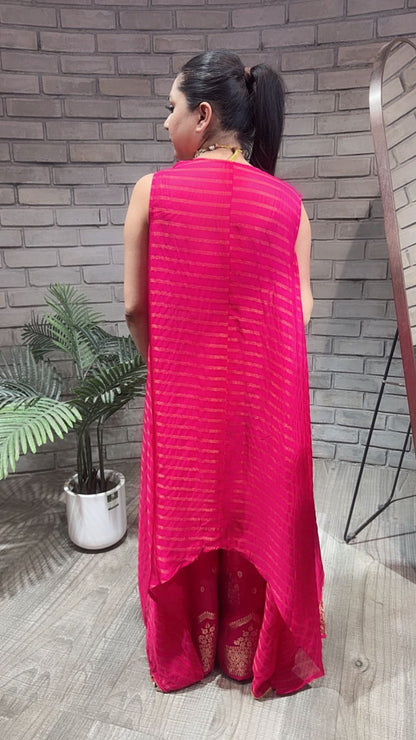 Imprint Hot pink Heavy Blouse with Cape and Banarasi Plazoo set