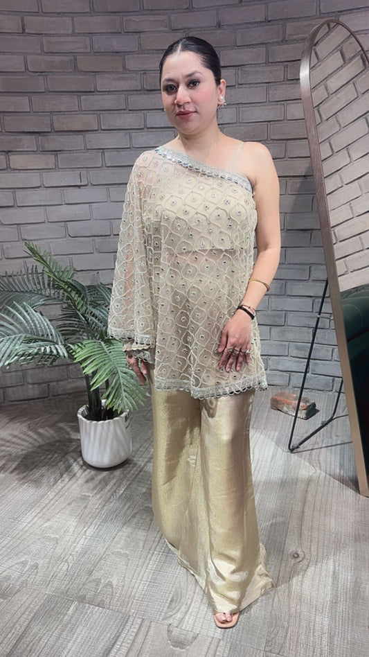 Spotlight Beige Golden heavy cape plazoo set (3pc Set)