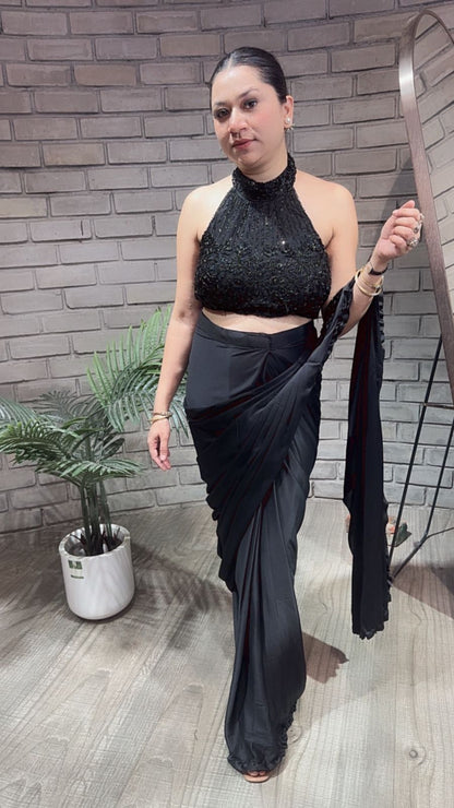 Glimpse Black Designer Drape Saree