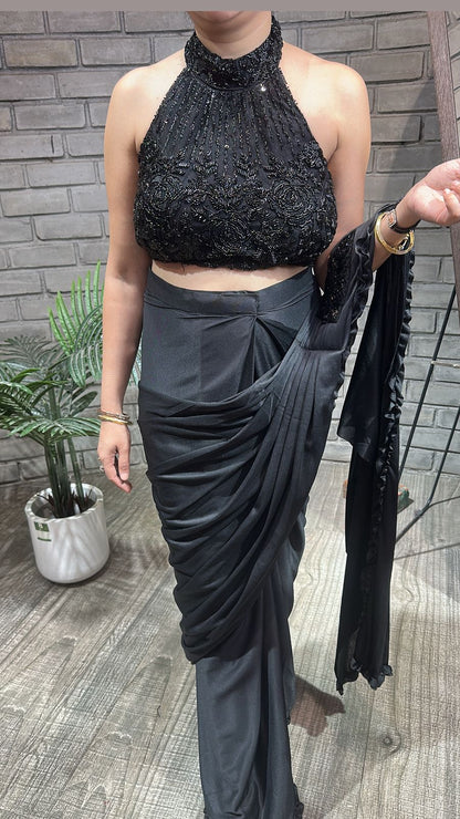 Glimpse Black Designer Drape Saree