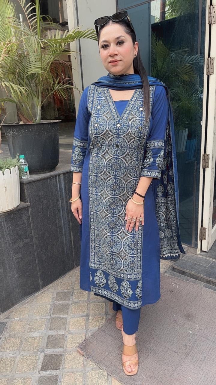 Nooreh Navy Blue Cotton Designer Suit
