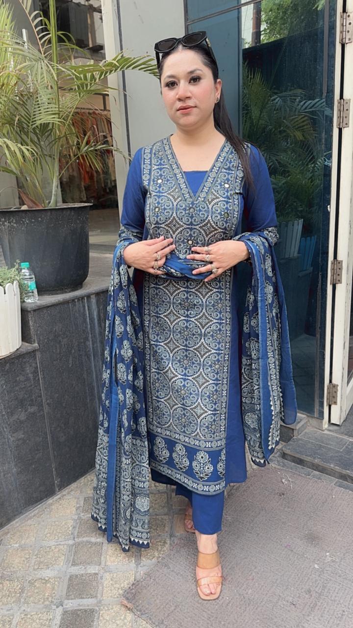 Nooreh Navy Blue Cotton Designer Suit