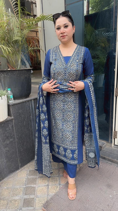 Nooreh Navy Blue Cotton Designer Suit