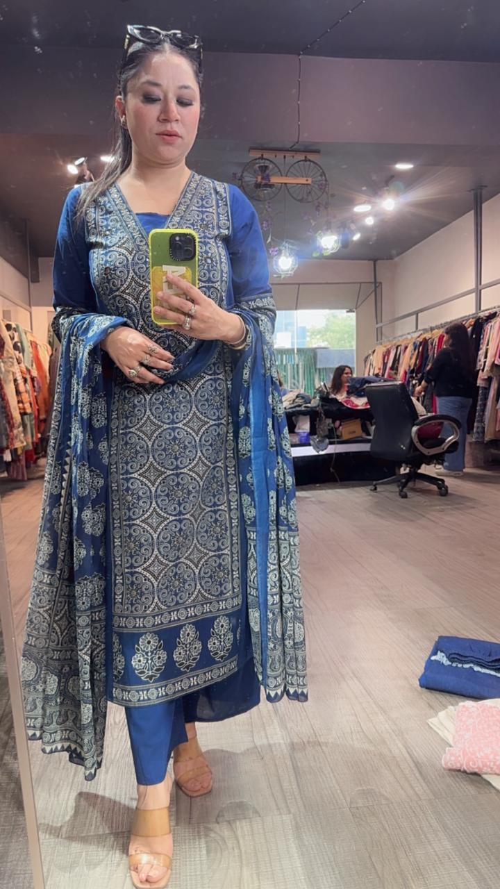 Nooreh Navy Blue Cotton Designer Suit