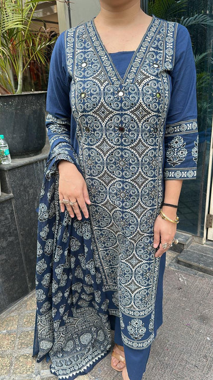 Nooreh Navy Blue Cotton Designer Suit
