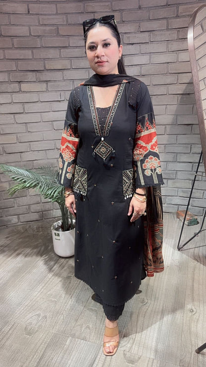 Zevar Black Cotton Designer Suit