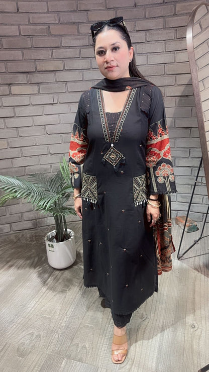 Zevar Black Cotton Designer Suit