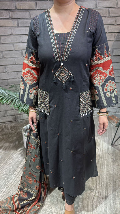 Zevar Black Cotton Designer Suit