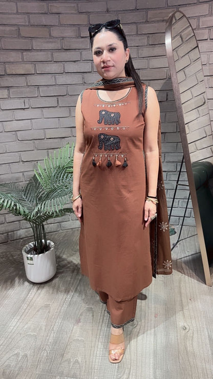 Aayat Brown Elephant Cotton Suit (Sleeve Fabric Attached)