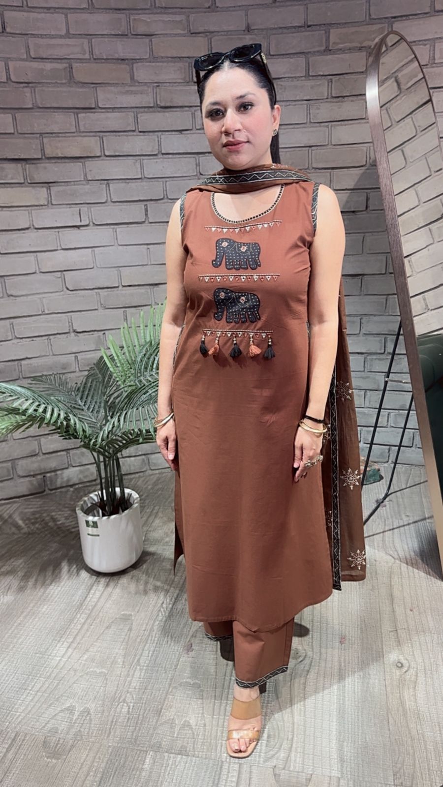 Aayat Brown Elephant Cotton Suit (Sleeve Fabric Attached)