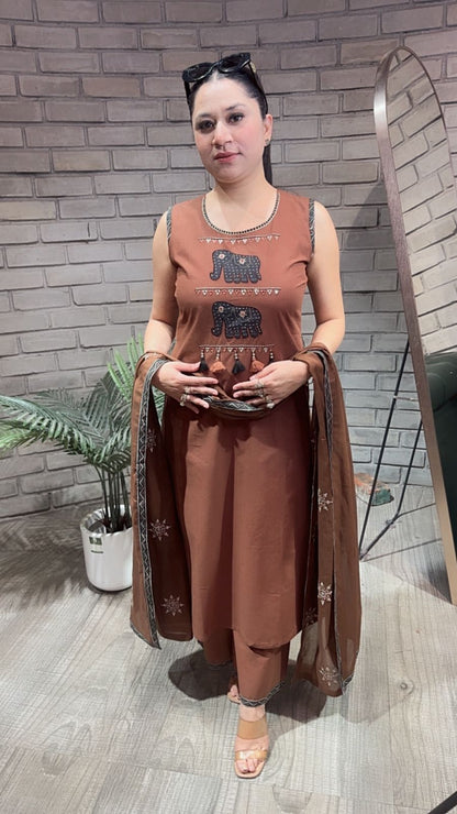 Aayat Brown Elephant Cotton Suit (Sleeve Fabric Attached)
