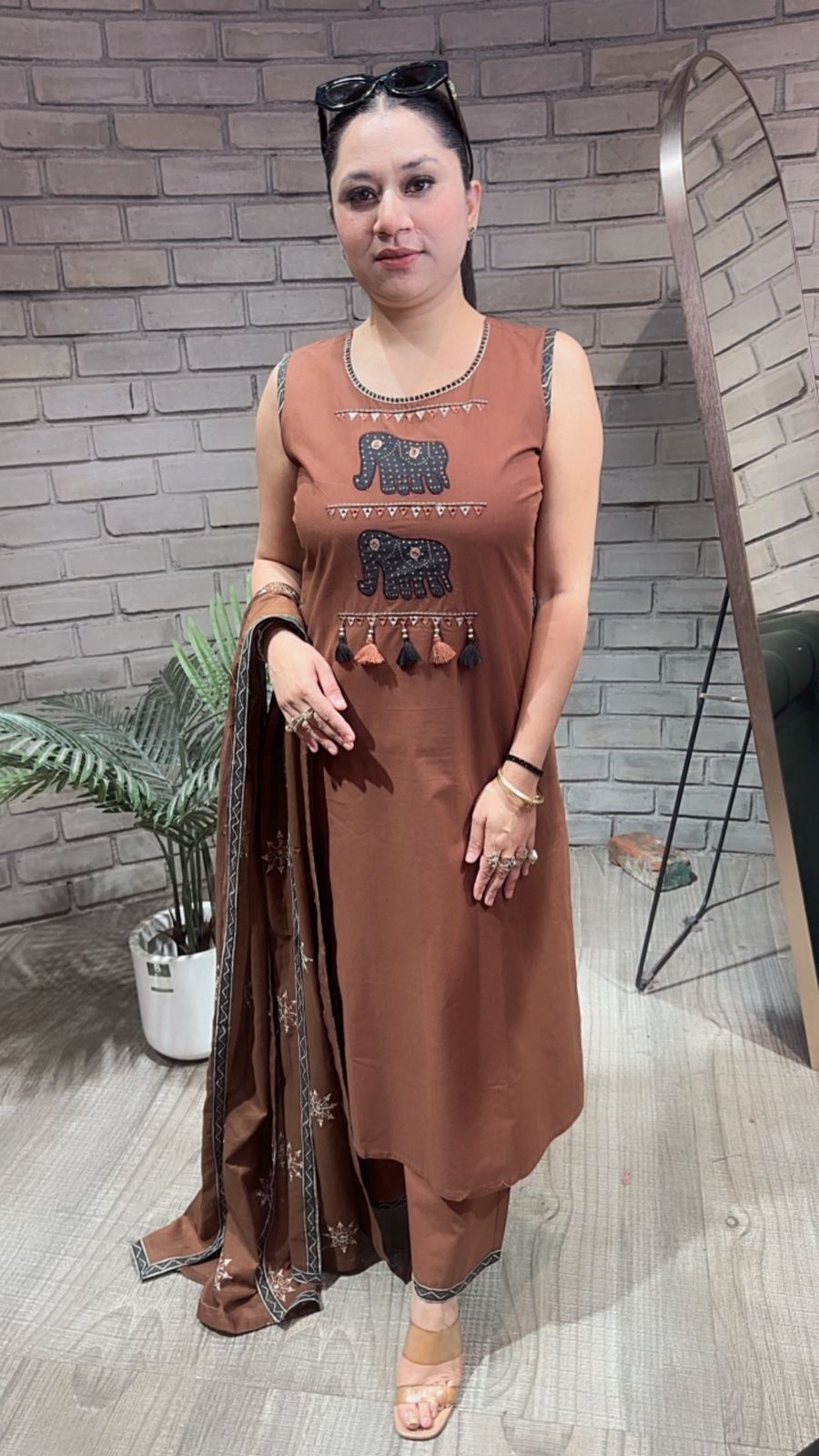 Aayat Brown Elephant Cotton Suit (Sleeve Fabric Attached)