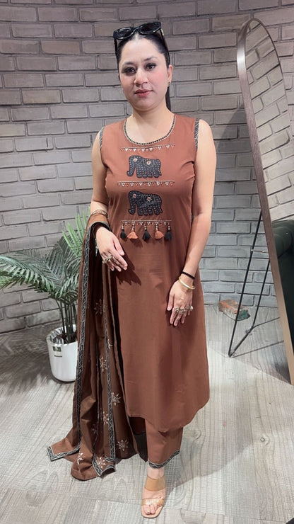 Aayat Brown Elephant Cotton Suit (Sleeve Fabric Attached)